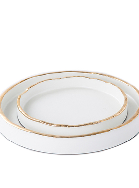 新中式陶瓷果盘现代简约r黑色托盘摆件白色圆形样板房间软装工艺