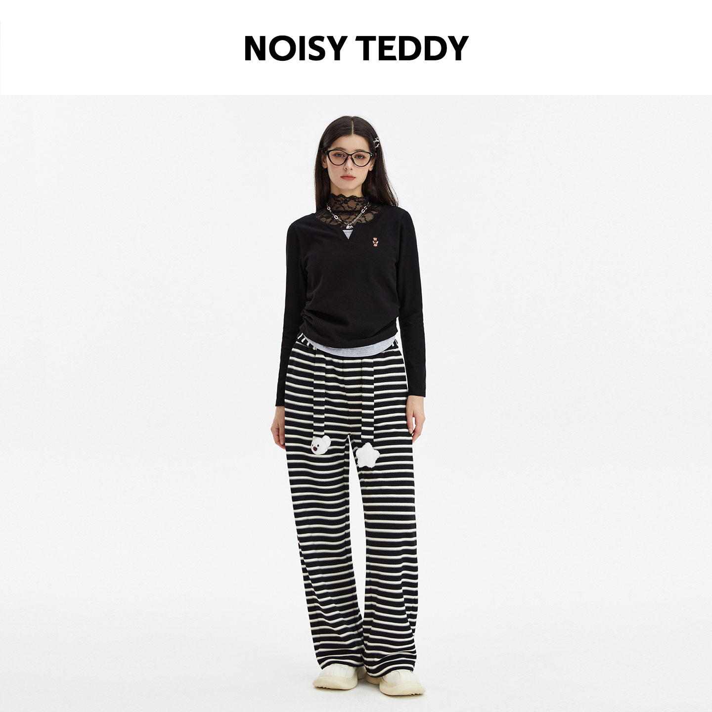 NOISY TEDDY25年秋季新款时尚潮流纯色女士V领长袖T恤衫收腰显瘦 - 图2