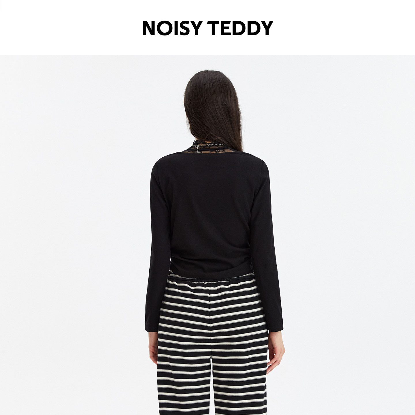NOISY TEDDY25年秋季新款时尚潮流纯色女士V领长袖T恤衫收腰显瘦 - 图1
