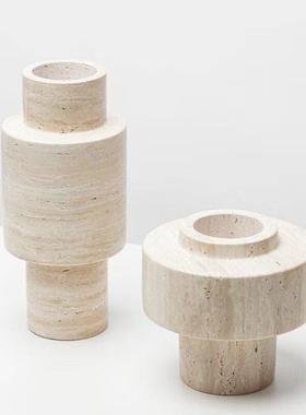 现代简约天然黄洞石花器桌面装饰摆件客厅茶几大理石果盘台面花瓶