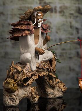 中式禅意家居客厅装饰品摆件玄关书房石湾公仔人物雕塑姜太公钓鱼