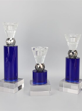 现代简约家居样板间房透明蓝色水晶烛台摆件P售楼部餐厅桌装饰品