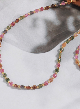 新款复古彩色天然碧玺石手工串珠锁骨链小众简约百搭叠戴项链