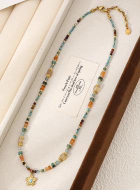 花瓣坠 民族风彩色天然石手工项链设计捷克珠串珠小众锁骨链女夏