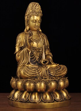 热销黄铜观音摆件柳枝观音u南海观世音菩萨坐莲花佛像家用佛堂寺