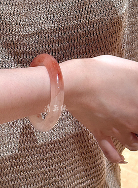 清玉缘纯天然桃花酿粉色玉镯女款正圈樱花粉高冰透金丝玉手镯正品