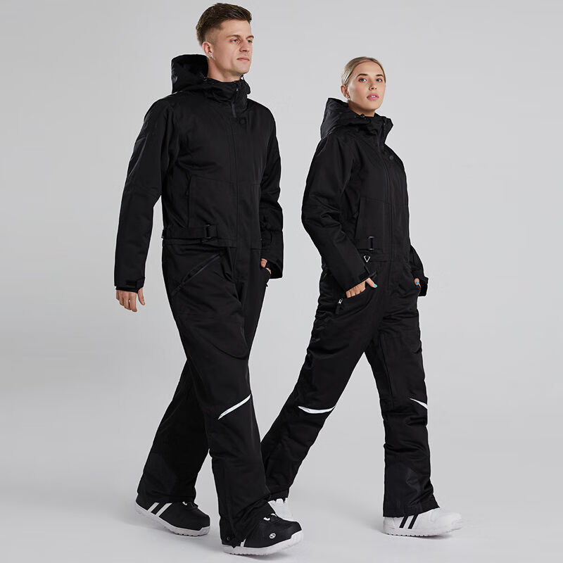 锐岩21防水滑雪套装女保暖防风单双板情侣款工装连体滑雪服男黑|