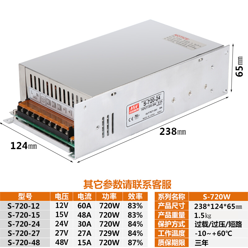 明伟开关电源S-720W/800W 24V30A/33A 12V60A/66A 15V27V36V48VDC - 图0