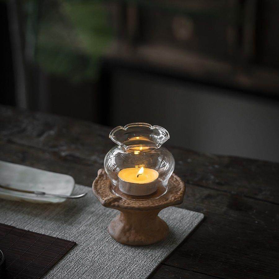 老岩泥黄色玻璃罩烛台复古茶室氛围感摆件蜡烛粗陶香熏小夜灯,淘宝优惠券,粉丝福利购,淘宝优惠卷
