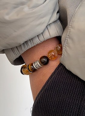 天然天子服水晶虎眼石黄塔晶手串男情侣手链一对情U侣款情人节礼