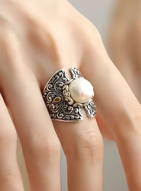 925银民族风浮雕唐草纹珍珠戒指