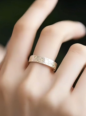 925银复古做旧心经描金猫猫戒指