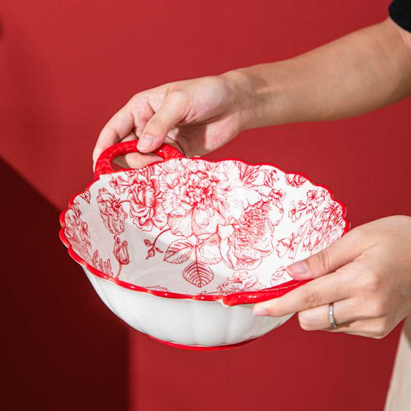 中国风家用米饭碗2024新款陶瓷双耳碗新婚汤碗红色喜庆吃饭碗碟 - 图2