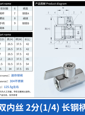 304不锈钢迷你球阀双内丝内外丝长短柄12346分1寸微型开关小阀门