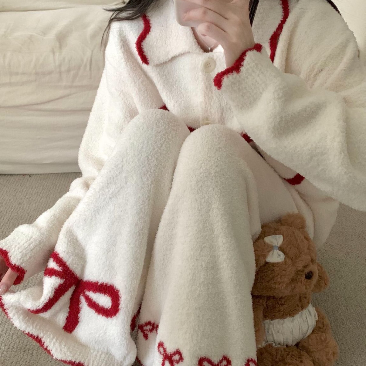 TOMORROW-红丝带韩系红白蝴蝶结翻领居家半边绒上衣+裤子睡衣套装,淘宝优惠券,粉丝福利购,淘宝优惠卷