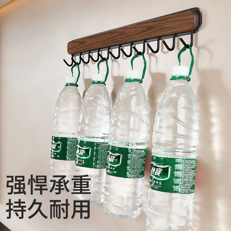 黑胡桃木厨房置物架挂钩免打孔壁挂式墙上锅铲收纳多功能浴室排钩,淘宝优惠券,粉丝福利购,淘宝优惠卷