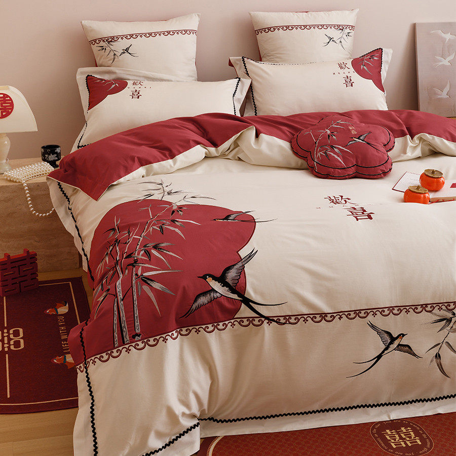 新中式欢喜婚庆四件套全棉100支长绒棉刺绣红色结婚被套床单床笠,淘宝优惠券,粉丝福利购,淘宝优惠卷