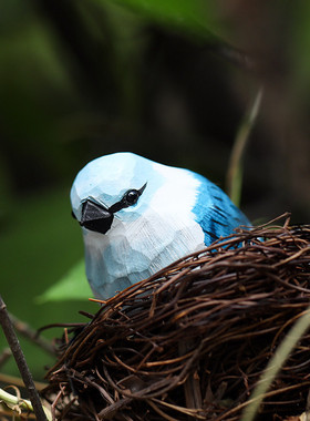 手工木雕小鸟可爱治愈系女生日礼物灰蓝山雀桌面装饰品随身小摆件