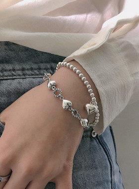 韩版S925银甜美立体桃心手链女复古时尚气质爱心手环嘻哈文艺手饰