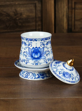 青花瓷供水杯供佛杯佛前供杯家用贡杯财神道家陶瓷莲花观音杯