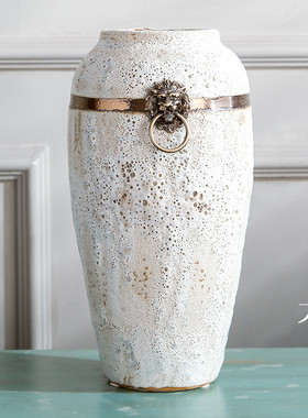 带饰日式清新白色花瓶摆件园林客厅展厅会所软装铜环工艺摆