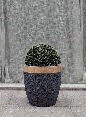 落地玻璃钢花瓶圆斗型木纹带黑石漆色摆设样板房婚庆大厅景观花插