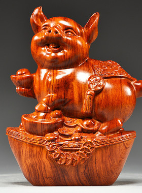 红花梨家居装饰质雕刻一对猪摆件三合十二生肖动物实木红木工艺品