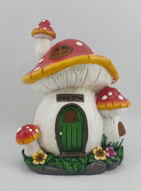 树脂花园蘑菇房子厂家直销摆件庭院草坪装饰品太阳能亮灯摆件