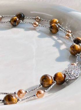 《西柚氧》美拉德天然精品虎眼石仿大溪地珍珠多种戴法毛衣链项链