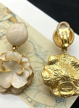 Stone｜中古 南法风首饰白色珐琅釉花朵设计 925银针耳钉耳夹胸针