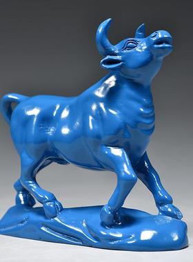 蓝色木质牛摆件实木雕刻十二生肖木头牛气冲天木制吉祥物装饰品