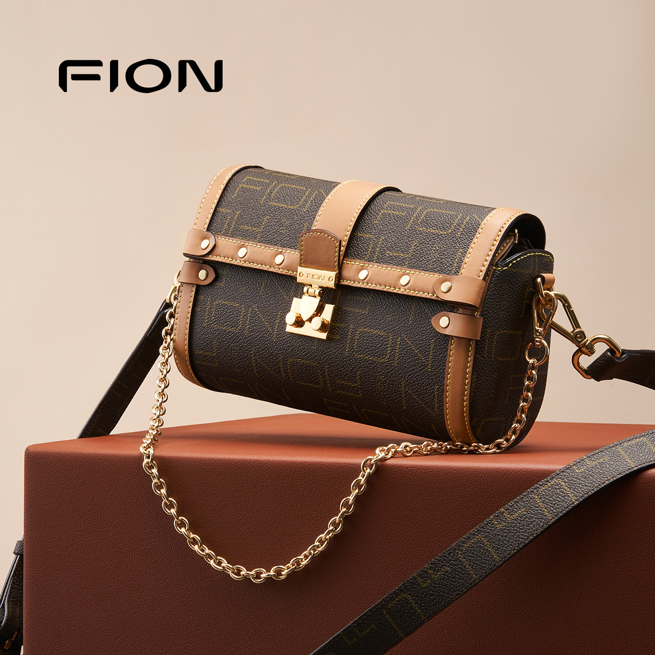 Fion/菲安妮女包老花波士顿包2025新款枕头包轻奢品牌小众斜挎包