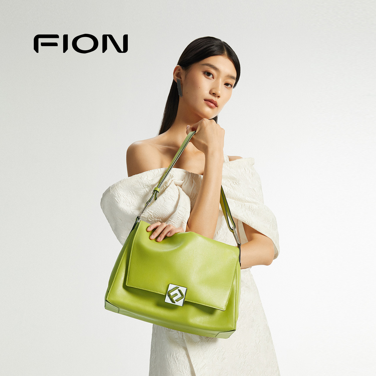 Fion/菲安妮青花瓷叠叠包真皮托特包通勤斜挎腋下包单肩包包女