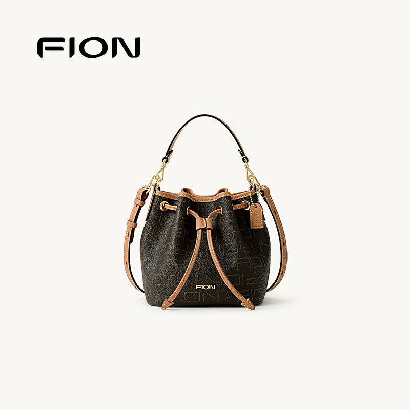 Fion/菲安妮抽绳水桶包女新款老花单肩斜挎手提包时尚简约小拎包,淘宝优惠券,粉丝福利购,淘宝优惠卷