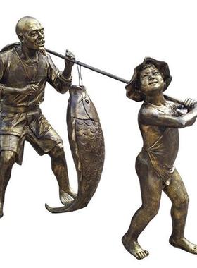 定制大型农耕主题雕塑玻璃钢仿铜人物雕塑牛拉犁耕田民俗景观摆件