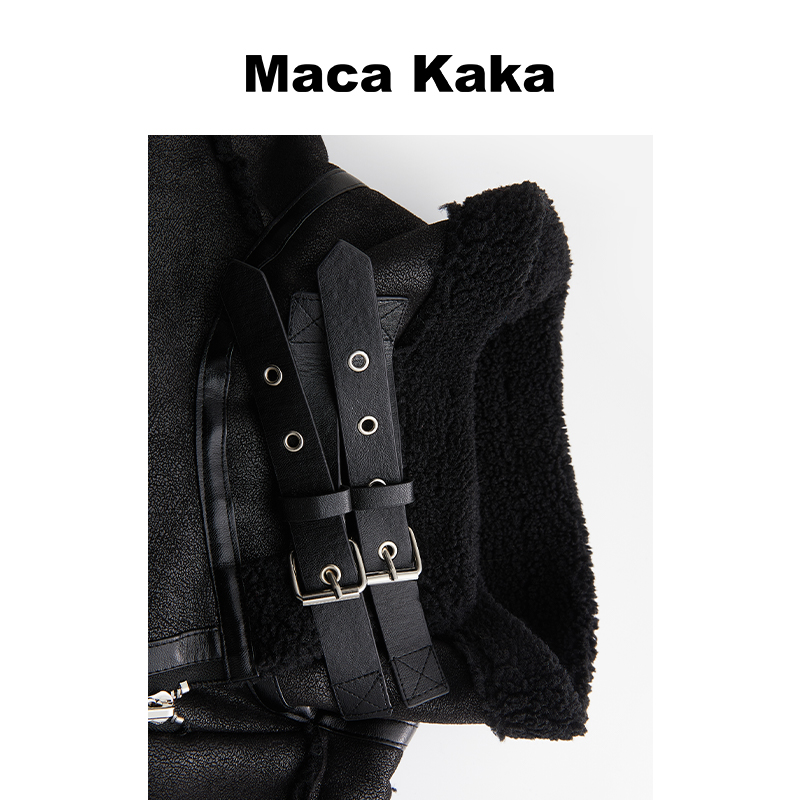 Maca Kaka 复古羊羔毛麂皮绒短外套女冬季加厚羊羔绒棉衣机车夹克