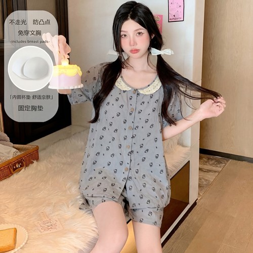 带胸垫防走光睡衣女夏季短袖短裤水墨紫花开衫可外穿家居服套装c - 图0