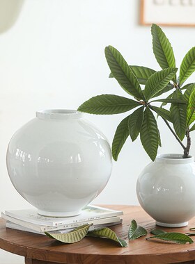 新品素白色陶瓷月亮罐花瓶极w简复古侘寂风圆肚客厅博古架玄关艺