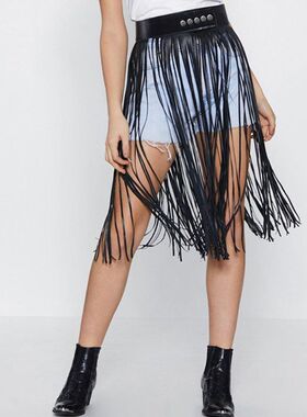 极速Women High Wainst Faux Leather Fringe Tassels Skirt Body