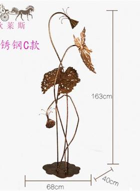 不锈钢荷花金属雕塑摆设庭院水景落地摆件酒店水池铁艺荷叶装饰品