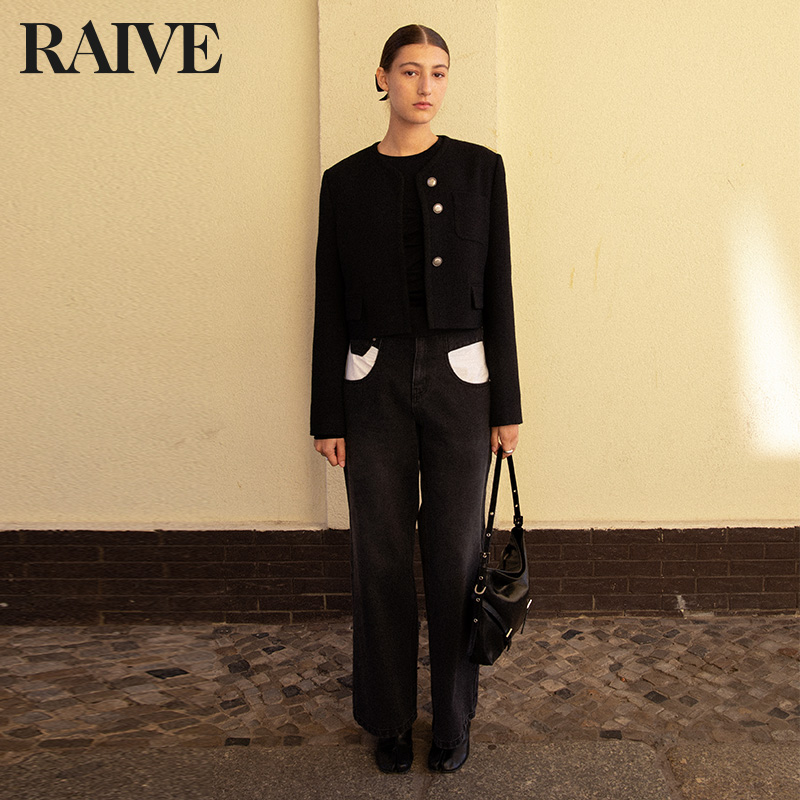 [明星同款]RAIVE2025新款秋复古蓝高腰直筒拼袋通勤休闲牛仔裤 - 图2