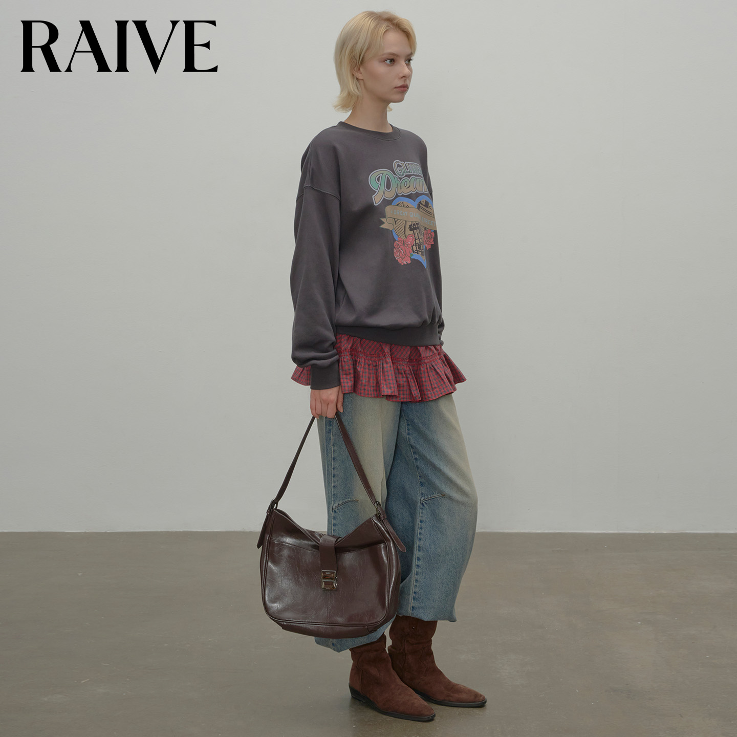 RAIVE爱心玫瑰卫衣2025秋冬新款女宽松落肩字母飘带印花套头上衣 - 图1