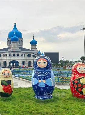 大型玻璃钢彩绘俄罗斯套娃雕塑俄式餐厅卡通俄比熊IP公仔美陈摆件