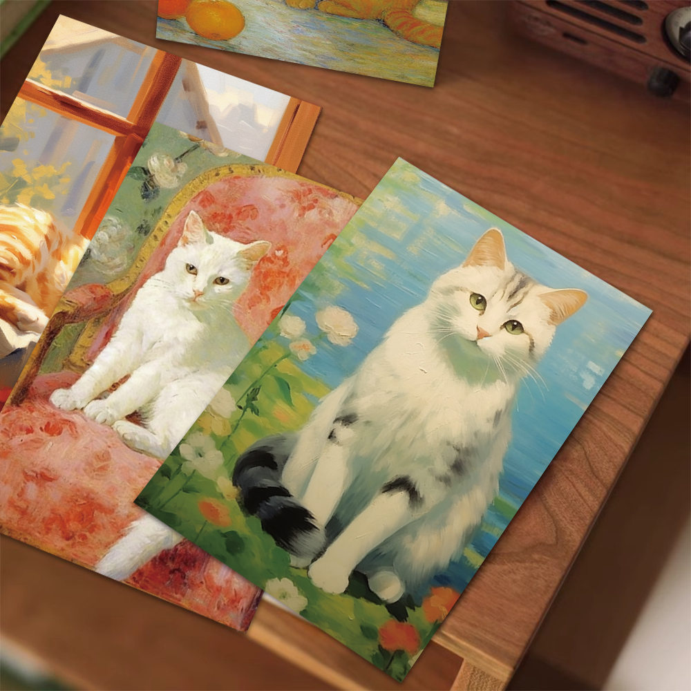 可爱动物明信片复古油画小猫咪卡通贺卡房间墙面装饰生日留言卡片