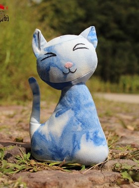 极速蓝染布艺动物 扎染摆件猫咪装V饰品UXMK