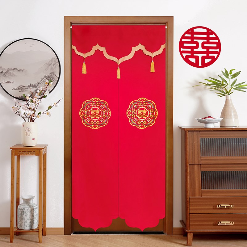 极速婚庆用品刺绣红色长门帘x女方婚房布置流苏装饰免打孔隔断陪 - 图2