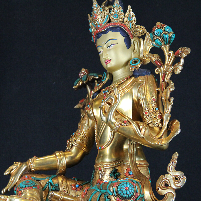 尼泊尔手工纯铜释迦族绿度母佛像藏传佛堂供奉鎏金宝石 41cm - 图2