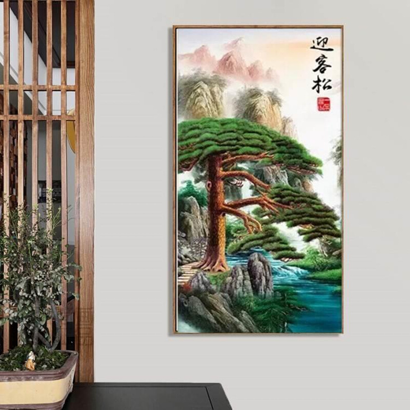 满钻钻石画十字绣迎客松新款竖版大幅客厅玄关风景山水画点钻石绣