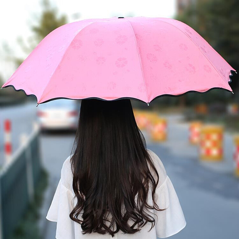 高档遇水开花雨伞女士遮阳伞太阳伞防晒黑胶三折叠防紫外线晴雨两-图0