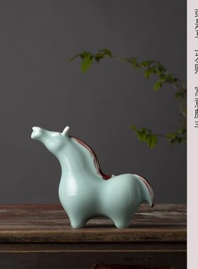 青釉对马摆e件新中式工艺家居装饰景德镇陶瓷马家居饰品摆件陶瓷